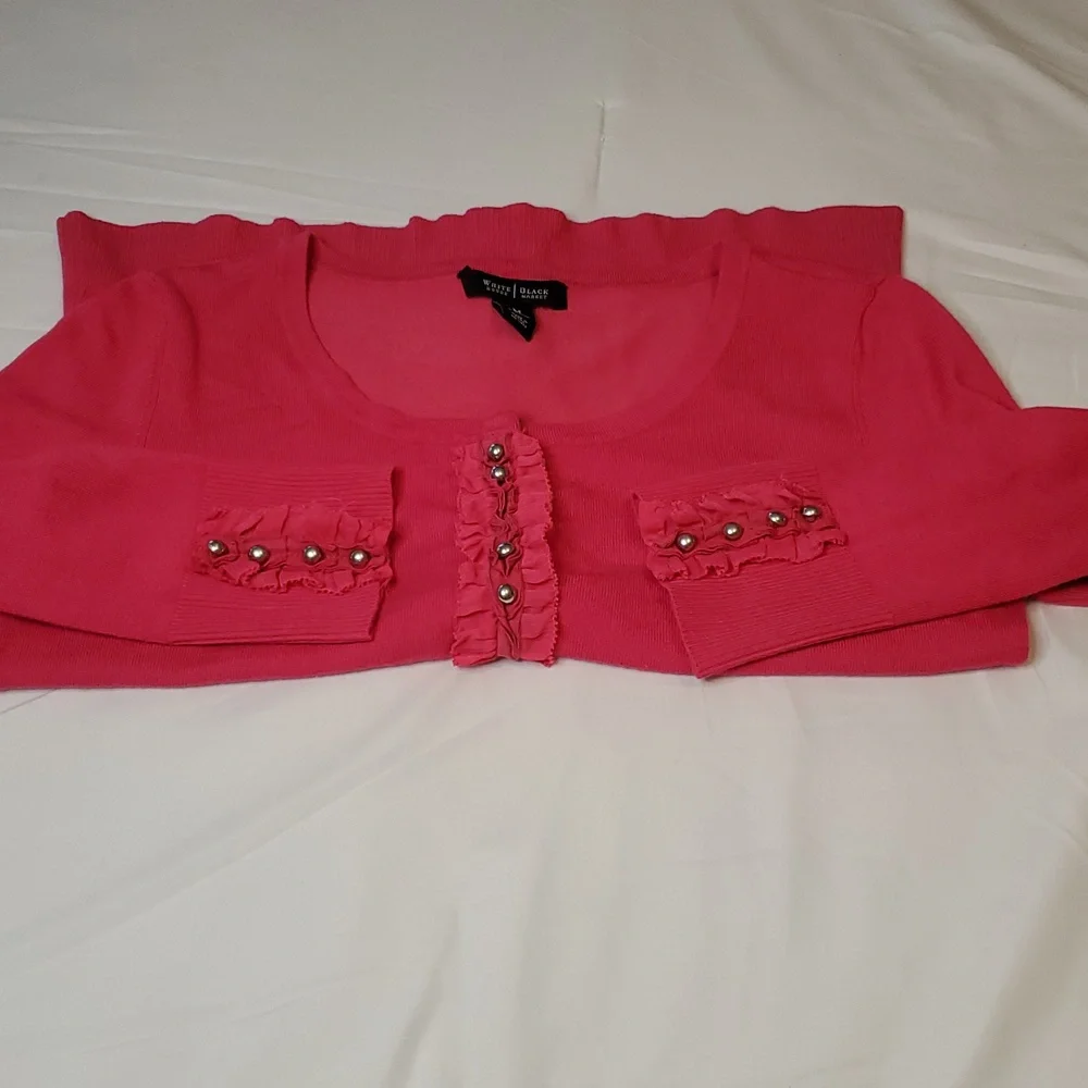 White House Black Market Pink Cardigan Sweater W/ Ruffled Buttoned Size M